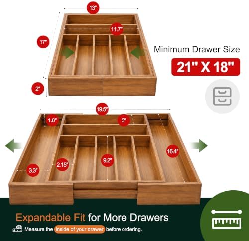 Large Premium Acacia Silverware Organizer - Expandable Drawer Organizer & Utensil Organizer - 17"x19.7" Cutlery Tray with Dividers for Kitchen Utensils and Flatware (7-9 Slots) Acacia