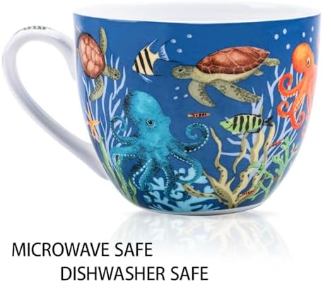 Summer Ocean Wonders Hug Mug - 20oz Deep Blue Bone China Coffee Mug with Sea Turtle, Octopus and Tropical Fish, Marine Life Themed Gift for Ocean Lovers, Designed in England by Harvest Green Studio
