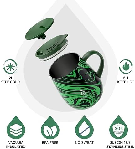 Ideus 16 oz Insulated Coffee Mug with Lid and Handle (Green Zebra)