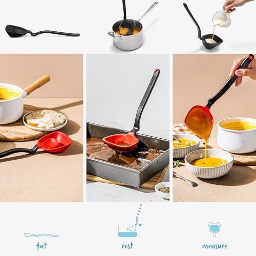 Dreamfarm Fladle Fold-Flat, Space-Saving Serving & Cooking Ladle Measures up to 1/2 Cup with Silicone Scraping Squeegee-Tip - 12" Black