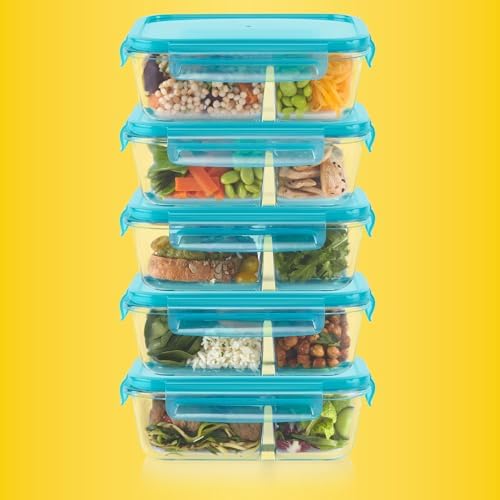 Pyrex Glass Meal Box (5-Pack, 4 Cup) Divided Compartments, Locking Lids