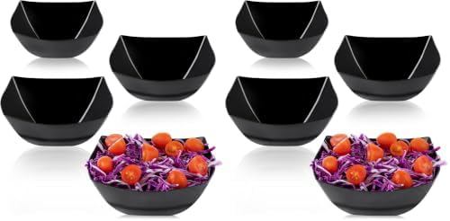 PLASTICPRO Disposable Square Serving Bowls, Party Snack or Salad Bowl, Plastic Black Pack of 8, 16 OUNCE, Black
