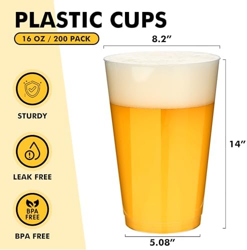 RACETOP 16 oz Clear Plastic Cups, 200 Pack Disposable Party Cup