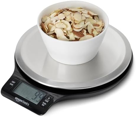 Amazon Basics Digital Kitchen Scale with LCD Display, Tare Function, Multiple Units, Weighs up to 11 Pounds, Batteries Included, Black and Stainless Steel