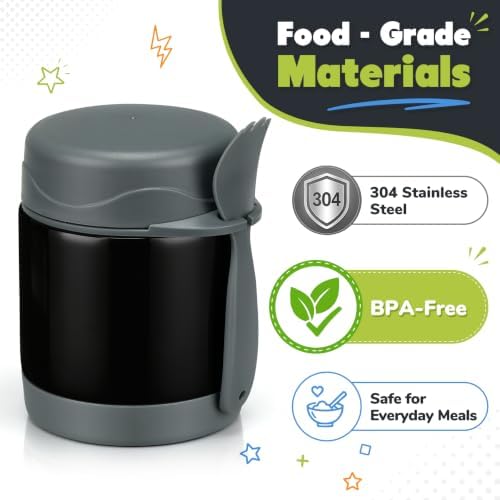 Howeemo 10oz Soup Thermo for Hot Food Kids,Lunch Kids Jar with Spoon Insulated Containers,Leak Proof Stainless Steel Wide Mouth Lunch School(Black)
