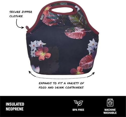 BUILT Gourmet Getaway Soft Neoprene Lunch Tote, Lightweight, Insulated, and Reusable, One Size, Midnight Botanical