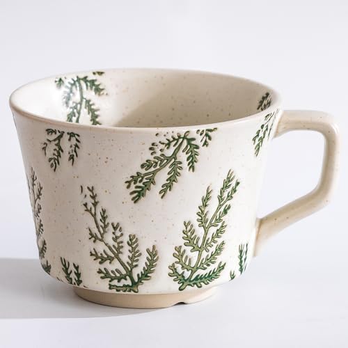 Small Ceramic Mug 1pc, 11oz - Vintage Coffee Mug, Handmade Pottery Cup for Milk, Latte, Cappuccino, Tea - Porcelain Dishwasher, Microwave Safe Stoneware Green Leaf