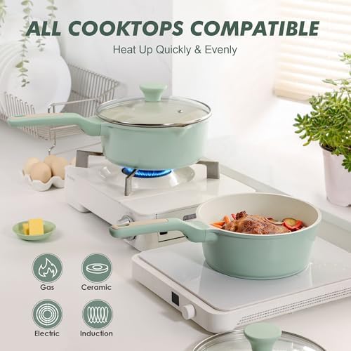 SENSARTE Ceramic Nonstick Saucepan with Lid 1.5 QT, PTFE/PFAS Free, Green