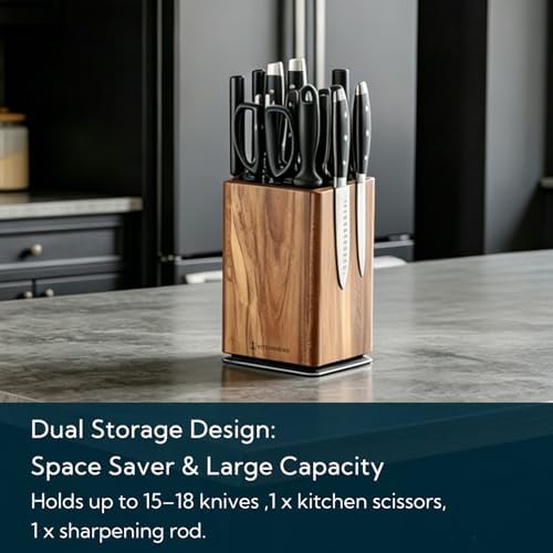 KITCHENDAO Magnetic Knife Block without Knives, 360° Rotary Acacia Wood Knife Holder, Large Universal Knife Storage with Magnet, Countertop Butcher Block Knife Stand for Easy Kitchen Storage
