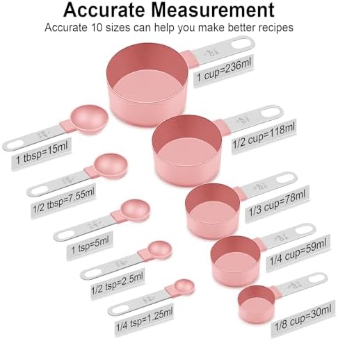 Measuring Cups and Spoons Set, 10-Piece with Stainless Steel Handles, Pink