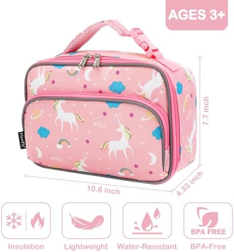 FlowFly Kids Lunch box Insulated Soft Bag Mini Cooler Back to School Thermal Meal Tote Kit for Girls, Boys,Unicorn