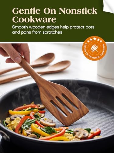 AIUHI Nonstick Wooden Utensil Set for Cooking, Handmade Smooth Finish Teak Wood Spoons Spatula Turner for Cooking and Kitchen Gifts (7Pcs)