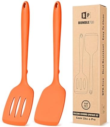Pack of 2 Silicone Spatula Turners, Non Stick Slotted Kitchen Spatula Set, Heat Resistant BPA Free Kitchen Utensils, One-Piece Design, Suitable for Flipping Fish, Eggs, Steak, Pancakes (ORANGE)