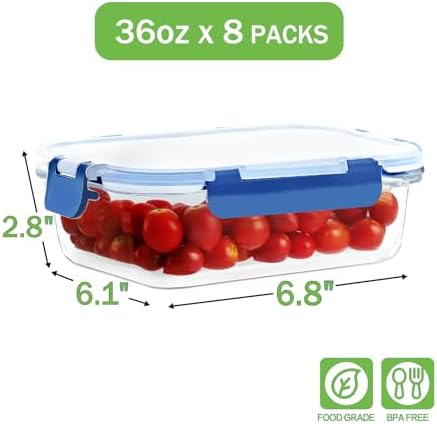 8-Pack 36oz Large Glass Meal Prep Containers with Leak Proof Snap-Lock Lids