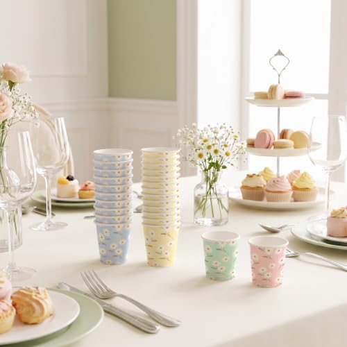 RUSPEPA 3oz Floral Paper Cups, 100 Pack Blue Pink Green Yellow Daisy Design Disposable Small Party Cups for Bathroom, Mouthwash, Wedding, Bridal Shower, Baby Shower, Garden Tea Party Supplies