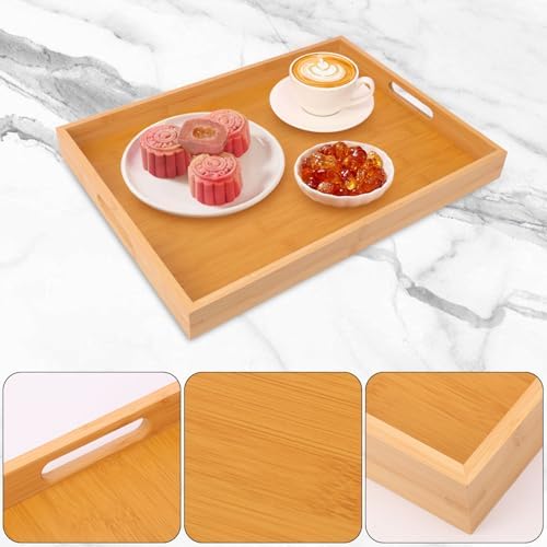 4 Pack Large Bamboo Serving Tray with Handles - 18 x 13 Inch Wooden Dinner Tray, Home Kitchen Decorative Tray, Breakfast Trays for Eating on Couch, Lap Trays, Coffee, Kitchen, Picnic