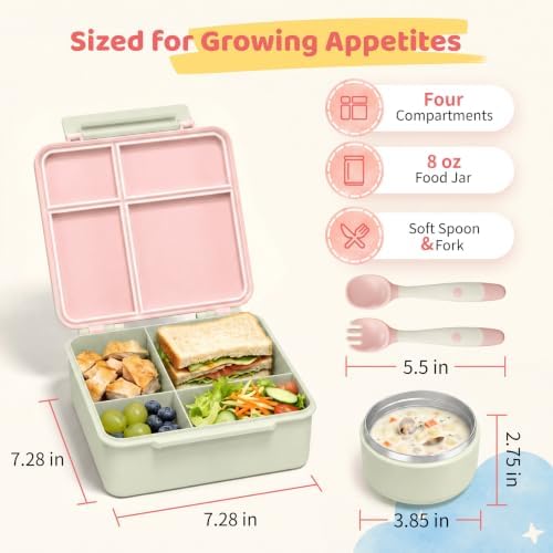 Bento Lunch Box with 8oz Soup Thermo, Kids Leakproof Lunch Food Containers with 4 Compartment, Kids Thermo Insulated Hot Food Jar for School, Trvael (Green-Pink)