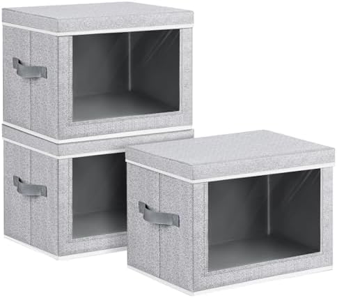 Homsorout Storage Bins with Lids, 3 Pack Large Storage Cubes with Window, Closet Bins with Lids & Handles, Fabric Box for Organizing Clothes, Towels, Books, Blended