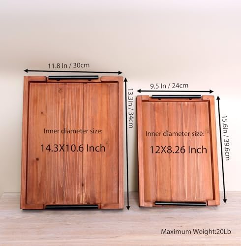 2Pc Nested Vintage Wooden Serving Tray Set, Coffee Table Ottoman Decor