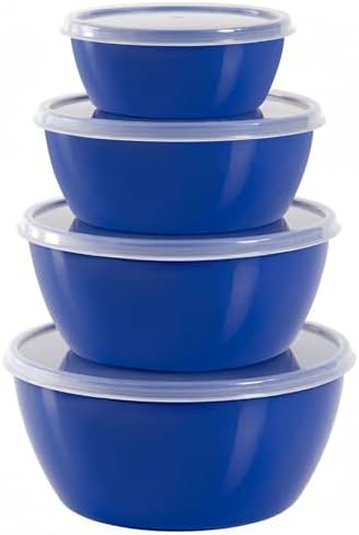 4-Piece Classic Plastic Prep Bowls with Lids, Nesting Plastic Small Mixing Bowl Set for Mixing, Baking, Prepping, Cooking and Serving Food, Microwave and Dishwasher Safe (Blue)