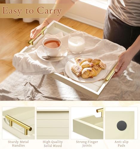 SXNOWS Wooden Serving Tray with 2 Sets of Handles,Cream