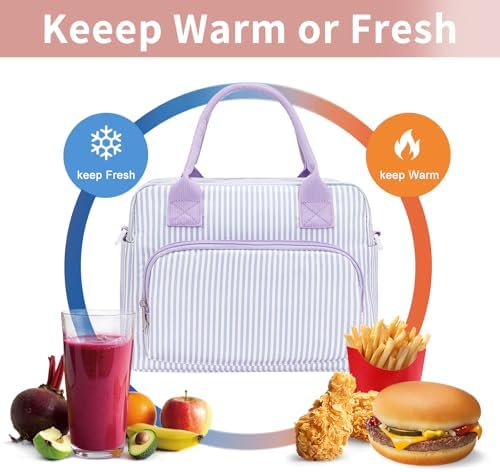 Lunch Bag Women Lunch Box for Women Adult Cute Insulated Lunch Bag Lager Cooler Lunch Tote Bags for Work Picnic (Purple Stripes)