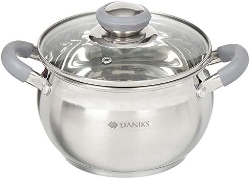 Daniks Modern 4 Quart Stainless Steel Stock Pot with Glass Lid, Tri-Ply Bottom for Even Heating, Induction Compatible, Dishwasher Safe, Heatproof Handles