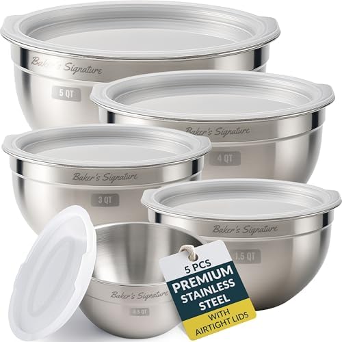 Stainless Steel Mixing Bowls with Lids Set of 5, Nesting Metal, 0.5-5 Qt