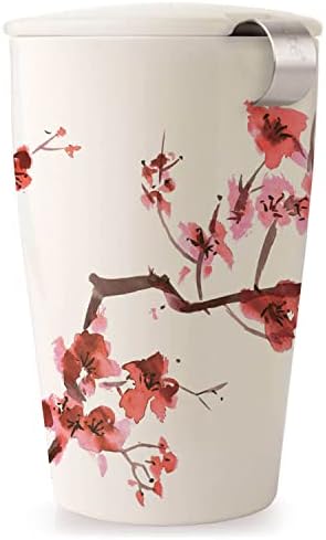 Tea Forte Double-Walled Ceramic Kati Cup, Removable Stainless Steel Infuser Basket and Lid, Steeps 12 oz Loose Leaf Tea, Dishwasher & Microwave Safe, Cherry Blossom