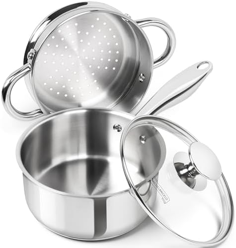 MICHELANGELO 1.5 Quart Saucepan with Steamer, Stainless Steel Saucepan with Lid, Triply Bottom Induction Compatible, Multipurpose Sauce Pot, Dishwasher Safe