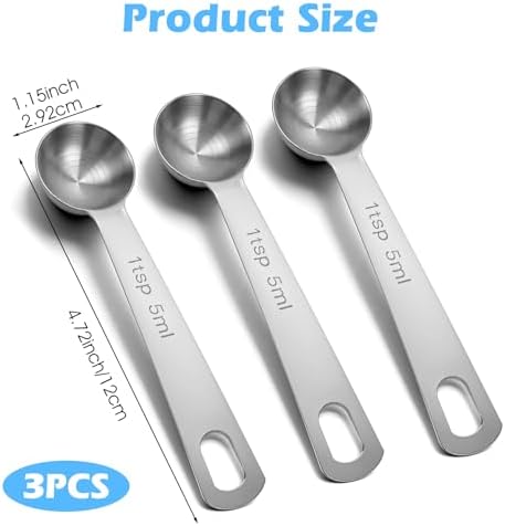 1 Teaspoon Measuring Spoons, 3Pcs Stainless Steel Kitchen Tools for Precise Cooking, Baking and Spices Measurement, 5ml