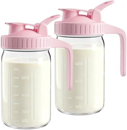 Mason Jar Pitcher Set of 2, 32oz (1quart) Glass Breast Milk Pitcher with Lid