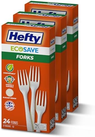 Hefty ECOSAVE Compostable Forks, 3 Pack, Disposable Forks for BBQs, Tailgates, Camping, Parties, and More, Strong and Durable Construction, Sustainable Design, 24 Forks per Pack, 72 Forks Total