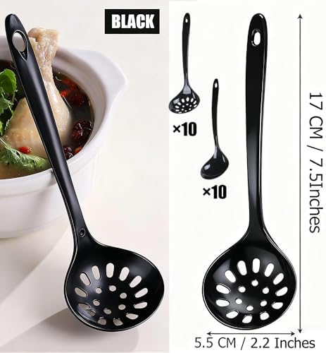 Large Plastic Serving Spoons,Disposable Heavy Duty Serving Spoons,Long Handle Scoop Soup Rice Ladle for Party Catering Buffet Restaurant,20 Pieces (10 Black Colander +10 Black Spoon)