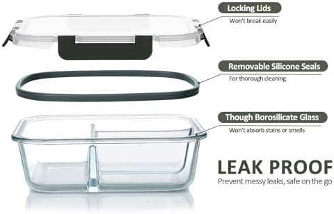 M MCIRCO 5 Pack,36 oz, 3 Compartments Glass Meal Prep Containers with Lids