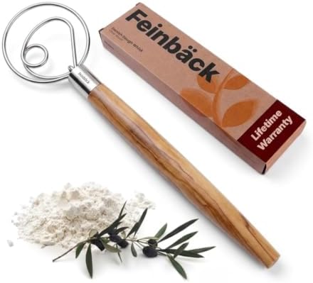 Danish Dough Whisk with Italian Olive Wood Handle, Stainless Steel Triple-Loop Coil, Ergonomic Baking Tool for Thick Dough and Batter