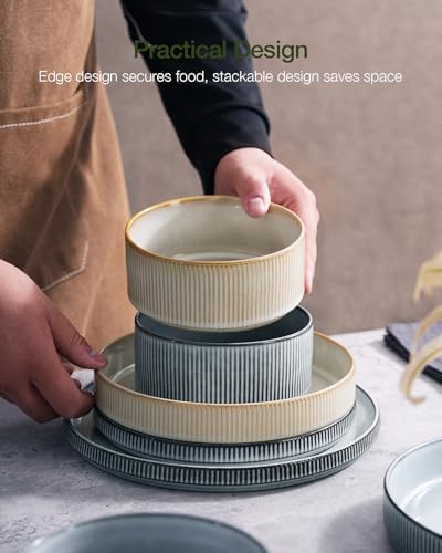 Famiware Star Stoneware Dinnerware Sets for 8, Reactive Glaze Plates, Bowls