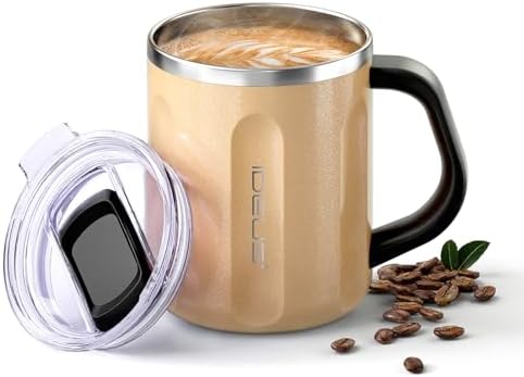 Ideus 16 oz Insulated Coffee Mug with Lid and Handle (Golden, FUJI FLOW)