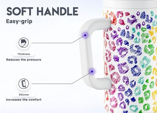 Meoky 50 oz Tumbler with Handle, Tumbler with Lid and Straw, Insulated Stainless Steel Travel Mug, 100% Leak-proof, Keeps Cold for 36 Hours or Hot for 12 Hours (Kiss)