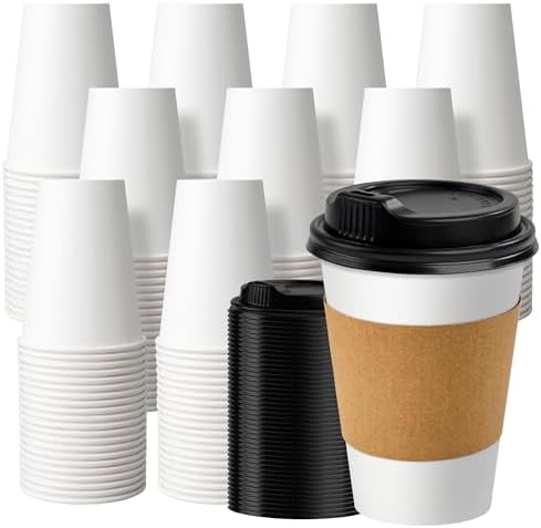 RACETOP 12 oz Disposable Paper Coffee Cups with Lids and Sleeves, 500 Pack