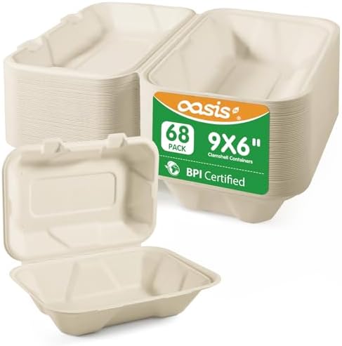9x6x3 Inch 68 Pack Clamshell Take Out Food Containers, Compostable Disposable Paper To Go Boxes with Lids, Heavy Duty Sugarcane Bagasse Lunch Boxes for Leftovers, Meal Prep & Takeout, Natural