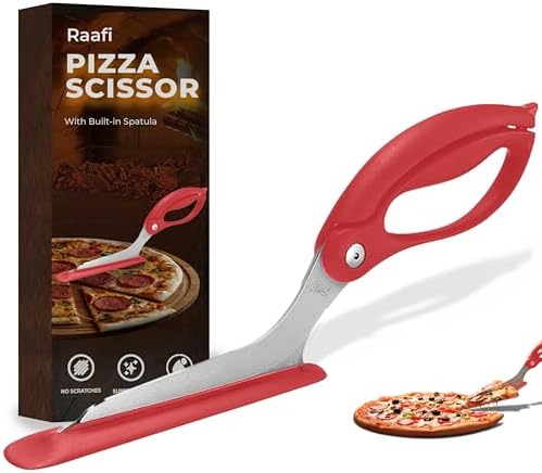 Pizza Scissors with Non Stick Slice Server. Sharp Pizza Cutting Without Topping Mess.Firm Grip, Food Grade Stainless Steel Pizza Cutter. Dishwasher Safe. 4 in 1 Kitchen Scissors
