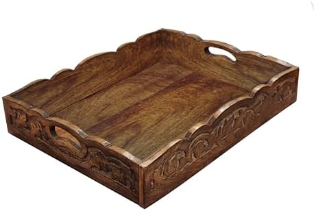 COTTON CRAFT Hand Carved Wooden Serving Tray - Breakfast Tray with Handles