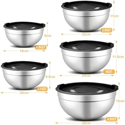 hunnycook 5 Piece Mixing Bowl Set - Mixing Bowls with Lid, Stainless Steel Mixing Bowls for Baking, Size 1.5, 2.1, 3.5, 4, 4.5QT, Baking Bowl for Food Preparation, Mixing and Serving Foods
