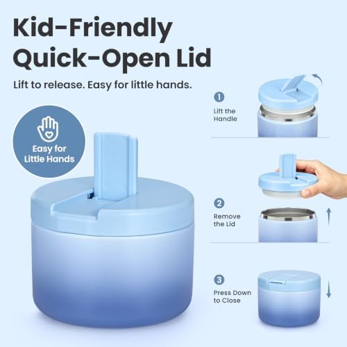 Pawtong 12oz Insulated Vacuum Food Jar with Buckle Lid Wide Mouth Soup Thermo for Hot Food Kids Leakproof Stainless Steel Lunch Container (Gradient Blue, 12OZ)