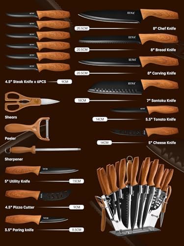 EUNA Knife Block Set, 19 PCS Kitchen Knife Set with Acrylic Block and Sharpener, German High-Carbon Stainless Steel Knife Sets with 6 Serrated Steak Knives, Bread Knife, Chef Knife, Dishwasher Safe
