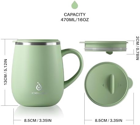 Ideus 16 oz Insulated Coffee Mug with Lid and Handle (Avocado Green 2.0)