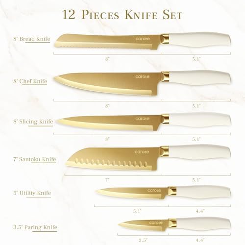 CAROTE Kitchen Knife Set, 6 Gold Knives with 6 Blade Guards, 12-Piece