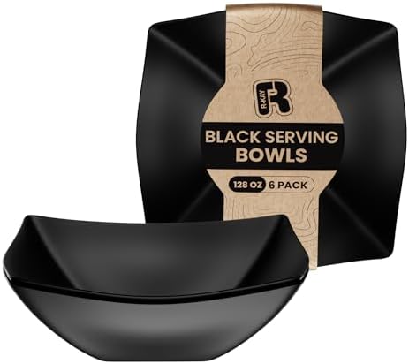 R-kay 6 Pack Square Extra Large Plastic Black Serving Bowls -128 Oz Black Plastic bowls - Salad Bowls Large Serving, Premium Heavy Duty For Weddings Catering And Birthday parties