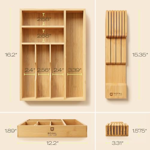 Drawer Organizer with Knife Block for Kitchen Organization, Bamboo Silverware Drawer Organizer, Compact Bamboo Cutlery Tray for Flatware and Utensils, Removable 7-Slot Knife Block for Kitchen Drawers